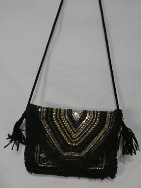 Boho Banjara Beaded Crossbody Sling Bag Black Gold